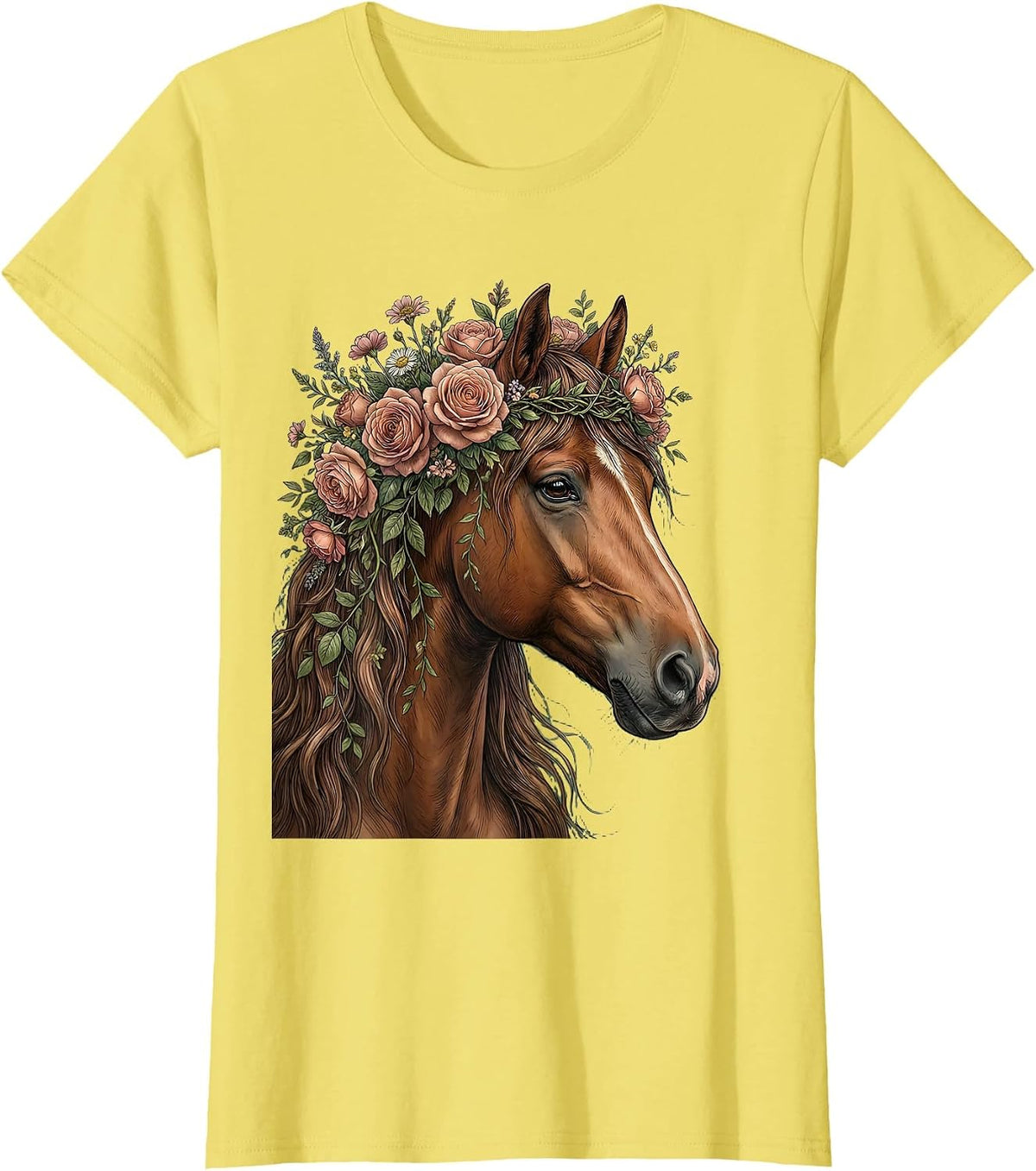 Floral Crown Horse Profile Graphic Tee T-Shirt - Lemon Yellow