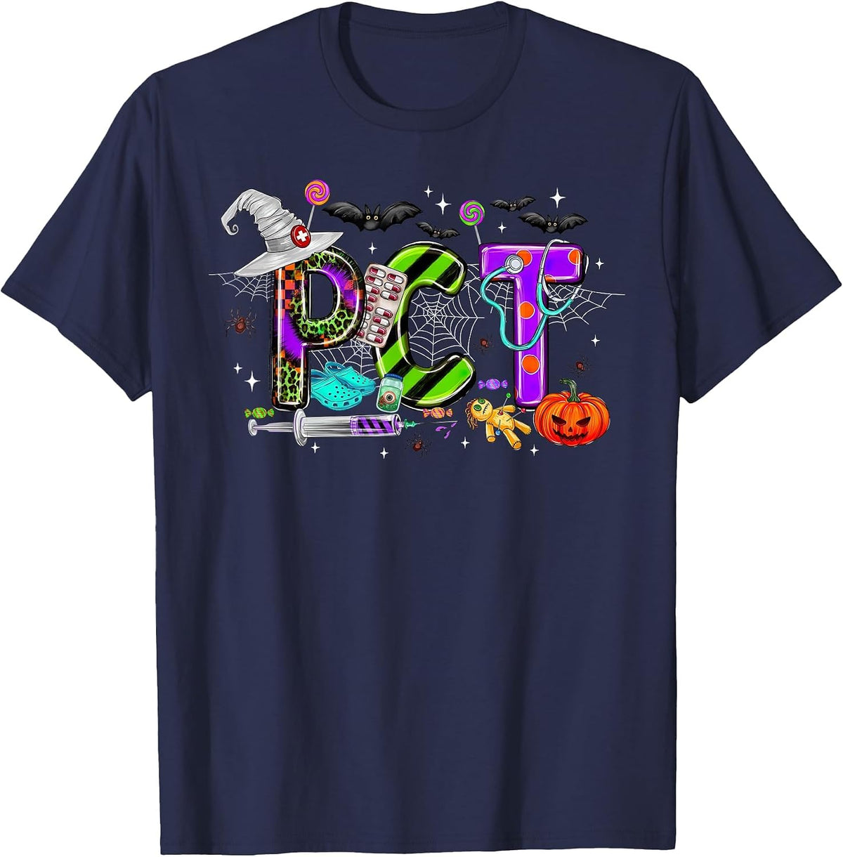 Retro PCT Patient Care Technician Halloween Spooky Season T-Shirt - Navy Blue