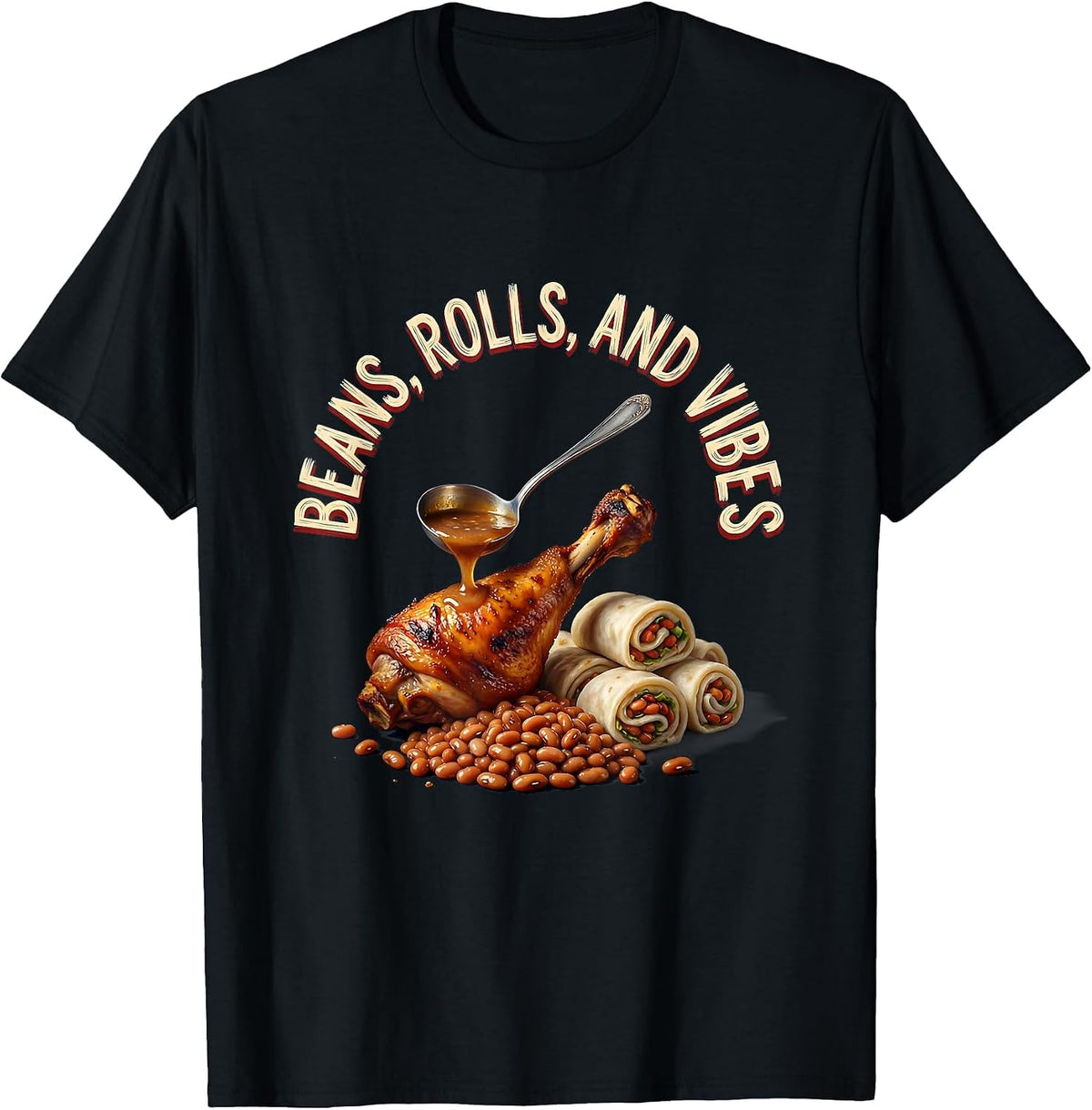 Men's Beans Rolls and Vibes Thanksgiving Design T-Shirt - Black
