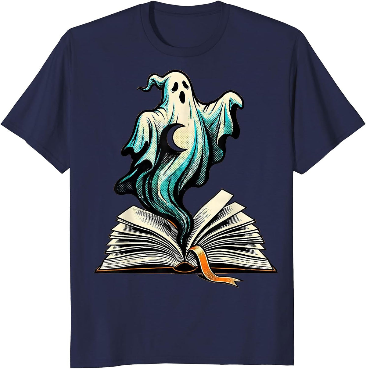 Ghost Book Pop Art Halloween Bookworm Teacher T-Shirt - Navy Blue