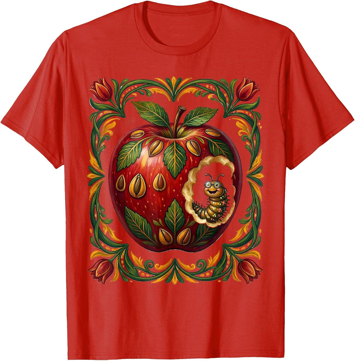 Men's Apple Teacher Bookworm Graphic Design T-Shirt - Red