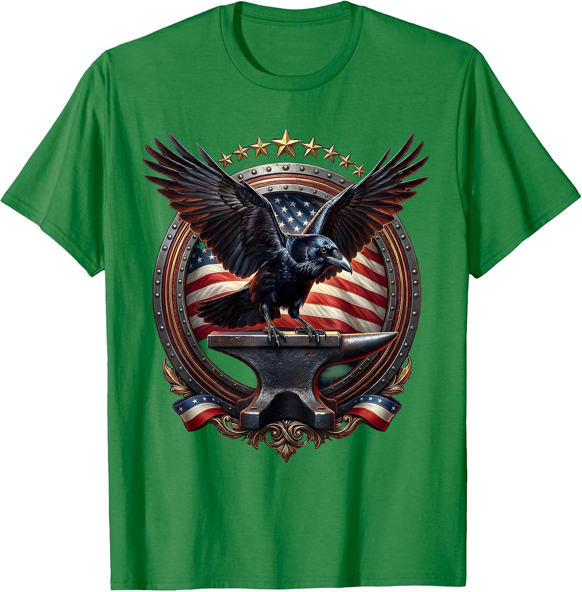 Men's Crow Landing on Anvil Blacksmith Graphic Tee T-Shirt - Kelly Green