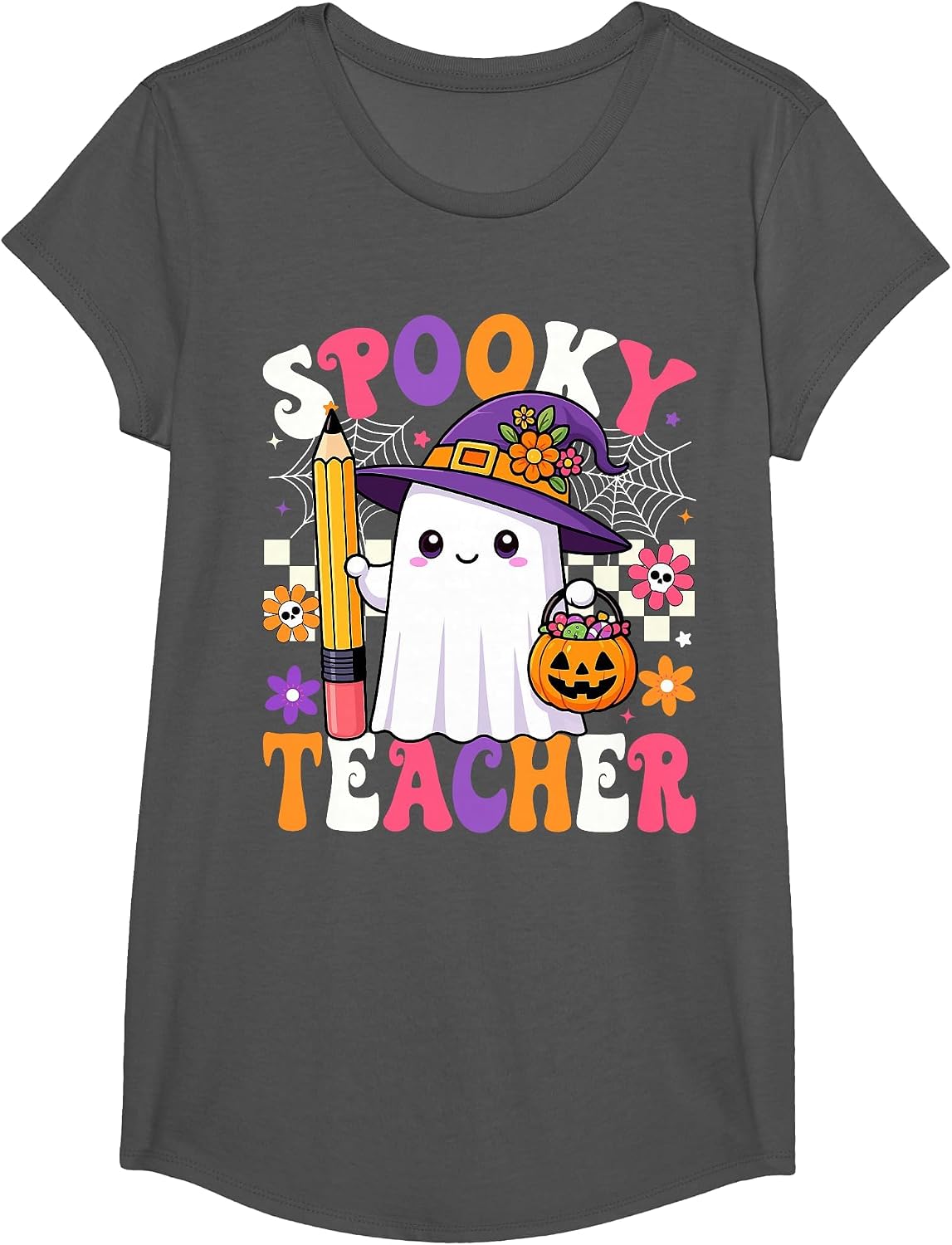 Spooky Teacher Ghost Pencil Teach Funny Halloween Teacher T-Shirt - Girls Asphalt Grey