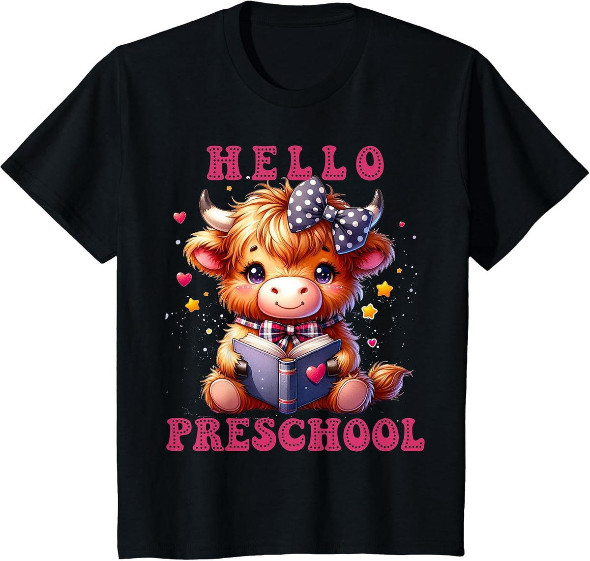 Hello Preschool Cute Highland Cow Lover Back to School T-Shirt - Black