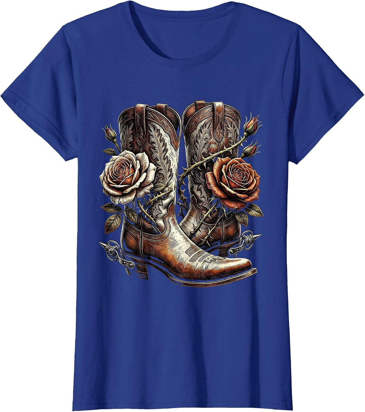 Women's Cowboy Boots Spurs and Roses Western Graphic T-Shirt - Royal Blue
