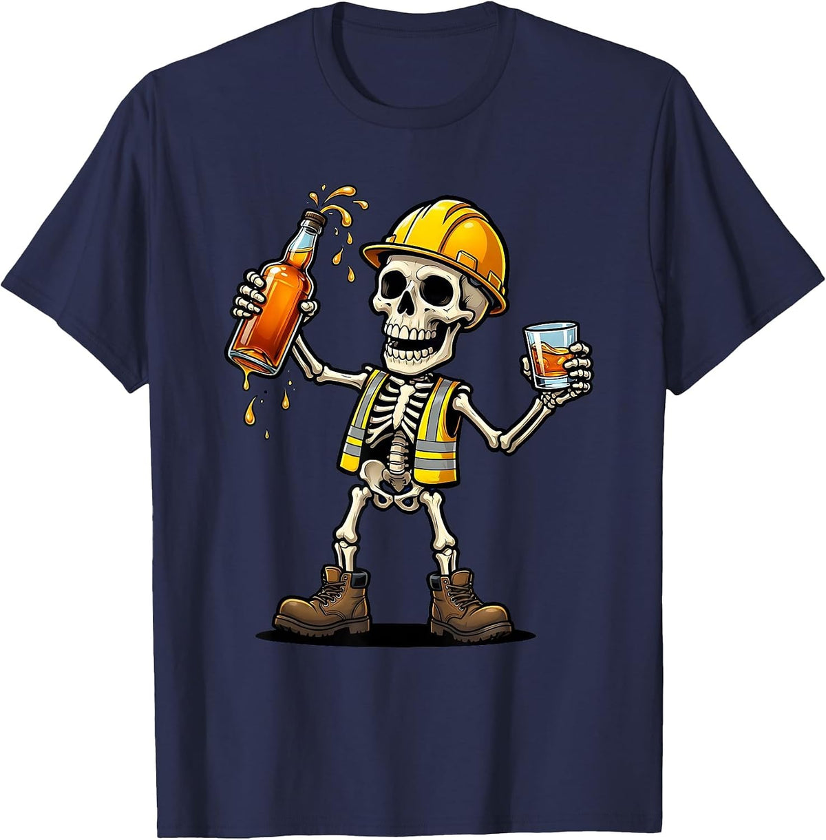 Skeleton Construction Worker Whiskey Labor Day T-Shirt - Navy Blue