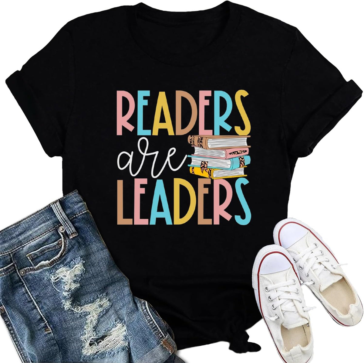 Women's Reading Shirts Readers are Leaders Read Lover Bookworm Tee - Black