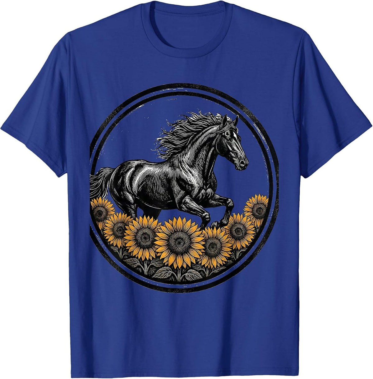 Horse Galloping Through Sunflower Field T-Shirt - Royal Blue