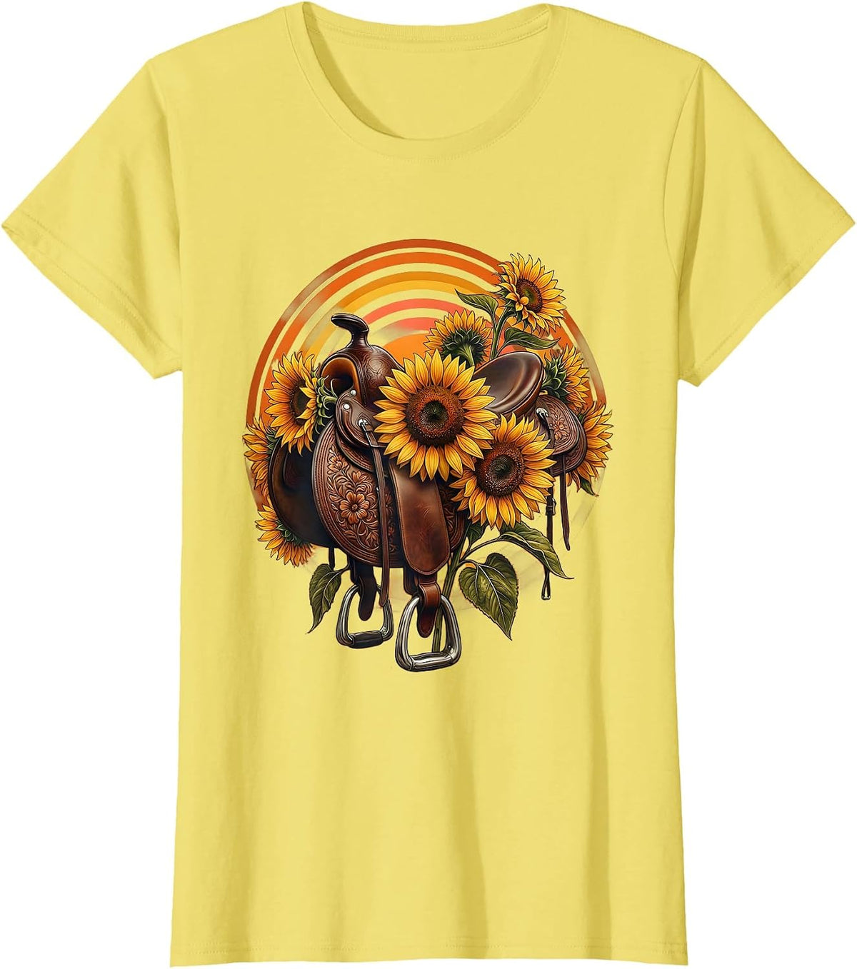 Western Saddle Sunflower Floral Illustration T-Shirt - Lemon Yellow
