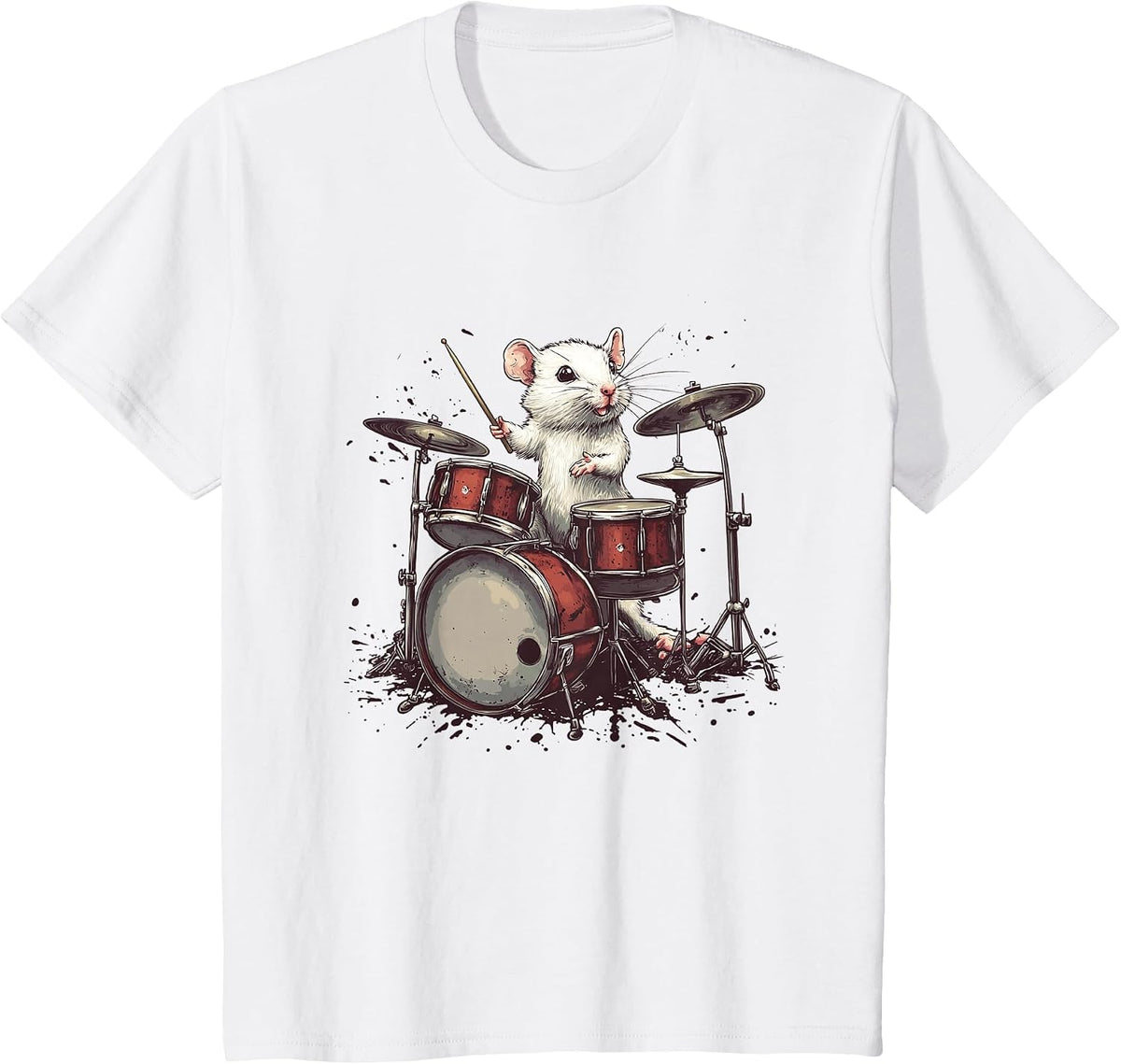 Rock the Stage with This White Rat and Drums T-Shirt - White