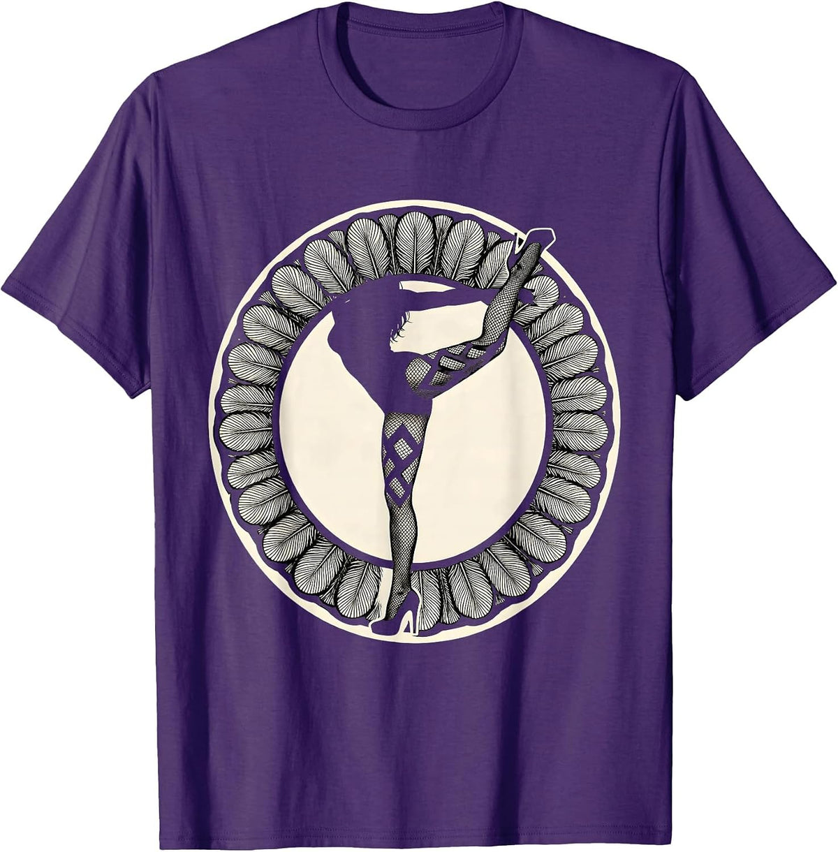 Showgirl Fishnet Stockings High Heel Kick Graphic T-Shirt - Purple