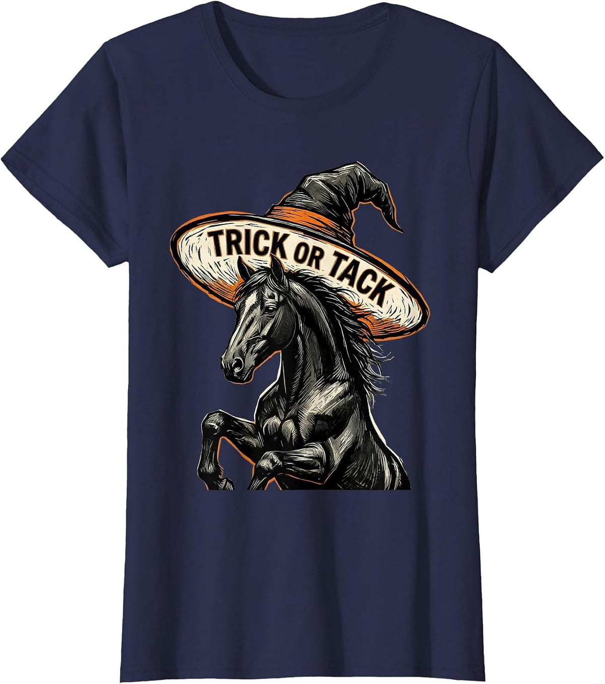 Women's Trick or Tack Linocut Whimsical Halloween Horse Lover Gift T-Shirt - Navy Blue