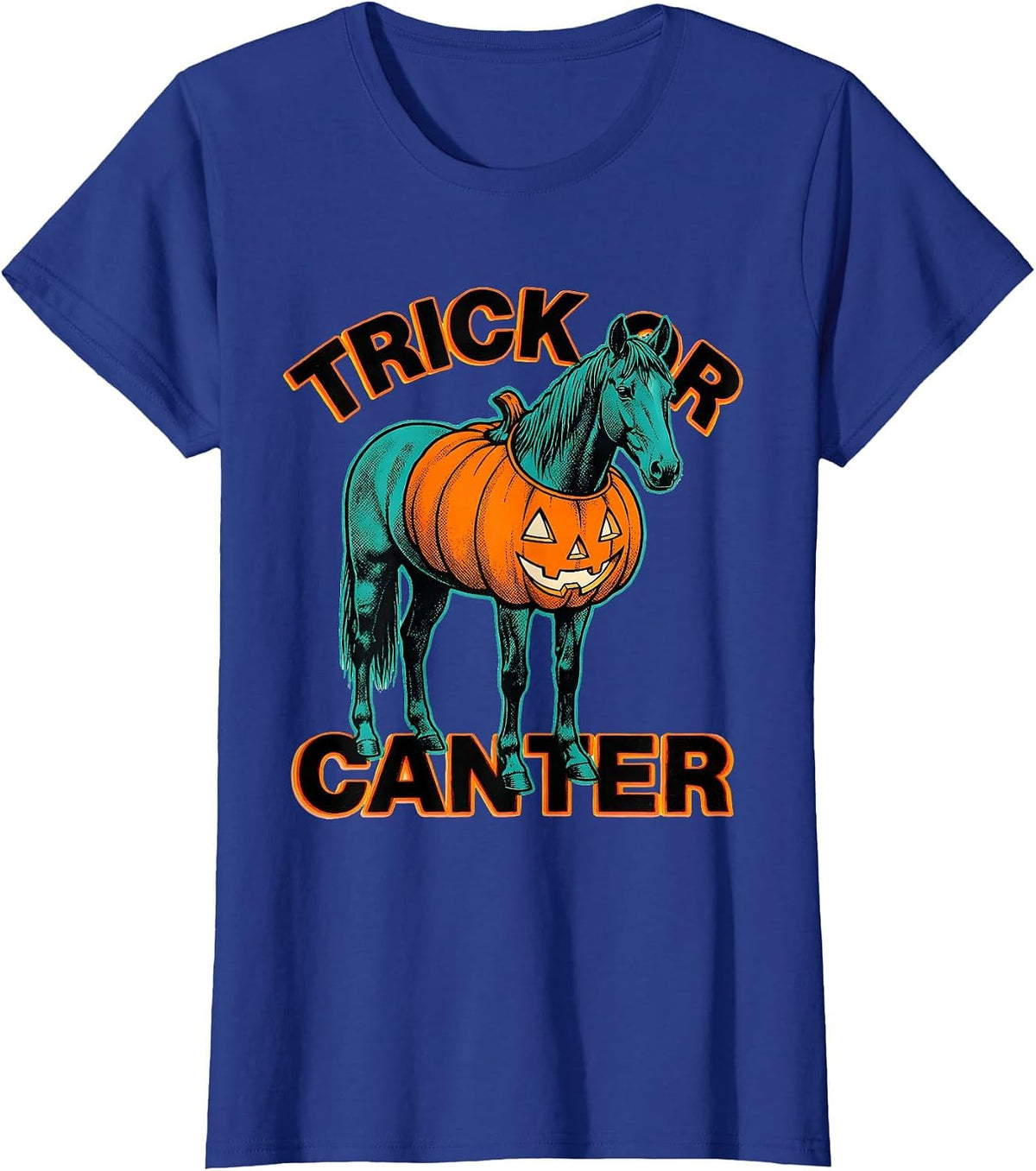 Women's Trick or Canter Risograph Halloween Horse Lover Equestrian T-Shirt - Royal Blue