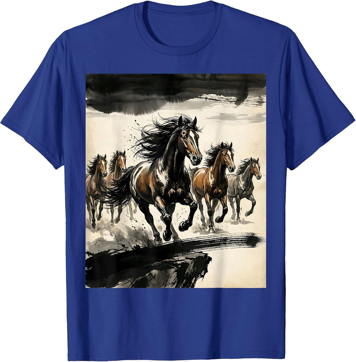 Wild Horses Running Along Cliff Edge at Sunset T-Shirt - Royal Blue