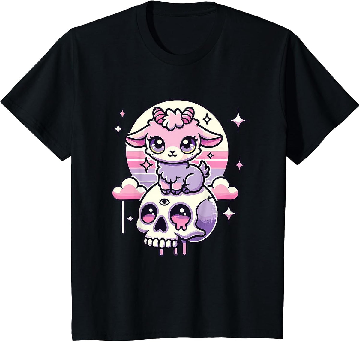 Kawaii Pastel Goth Cute Creepy Goat Bat Skeleton T-Shirt - Black
