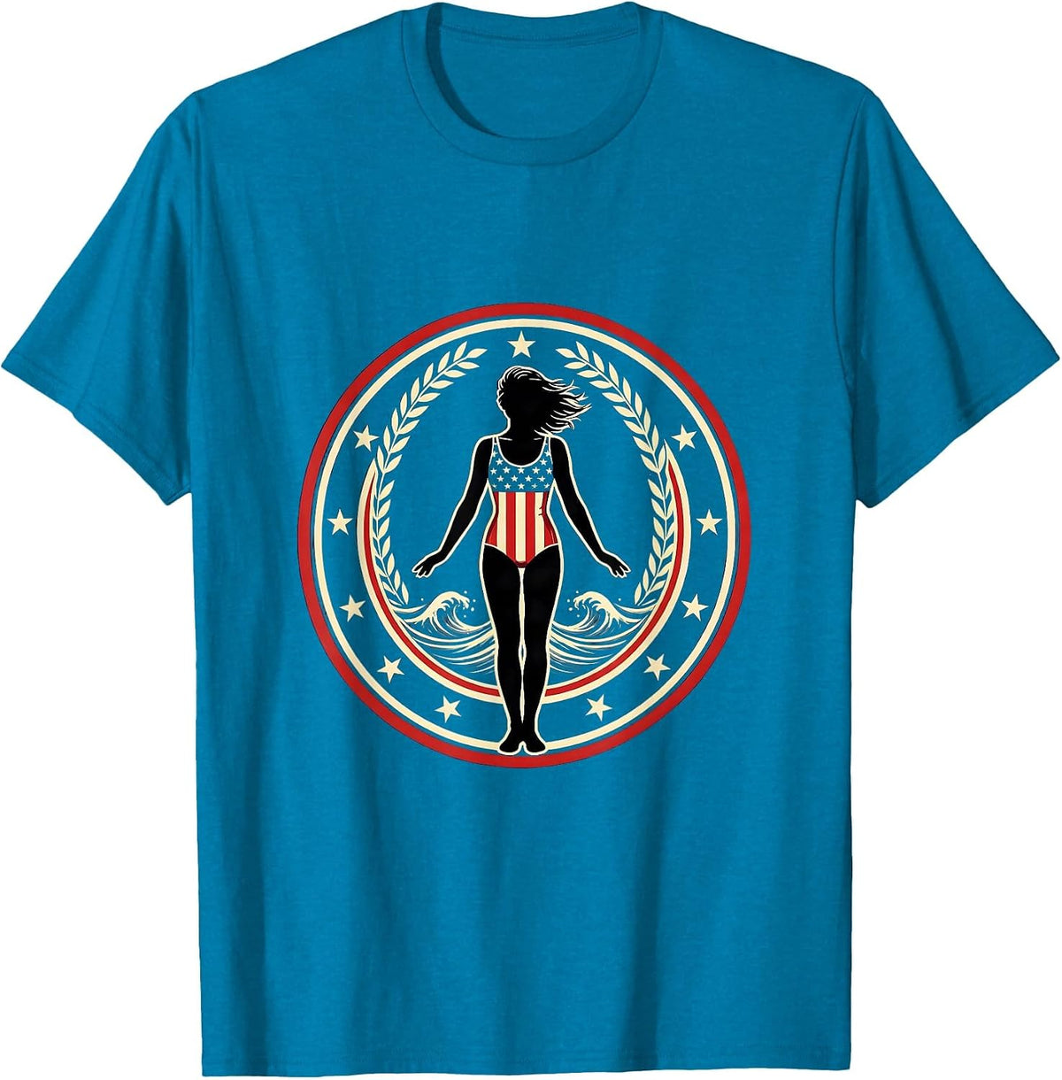 Stars and Stripes Swimsuit Beach Illustration T-Shirt - Sapphire Blue