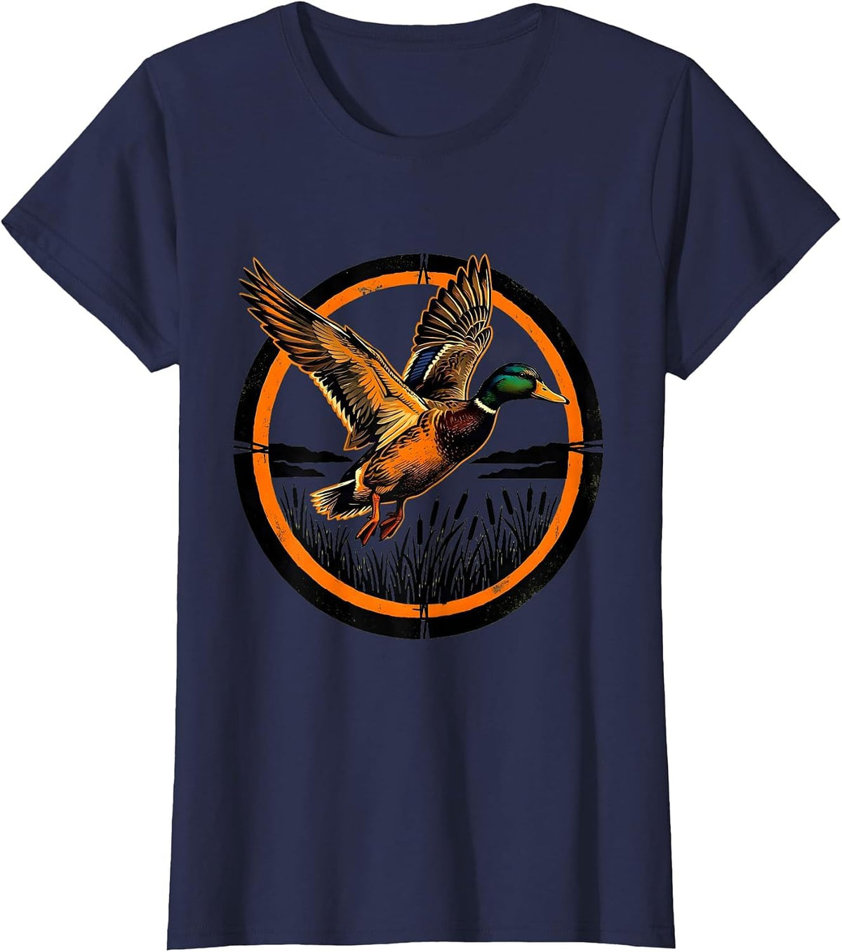 Women's Camo Duck Flying Over Marsh Reeds Illustration T-Shirt - Navy Blue