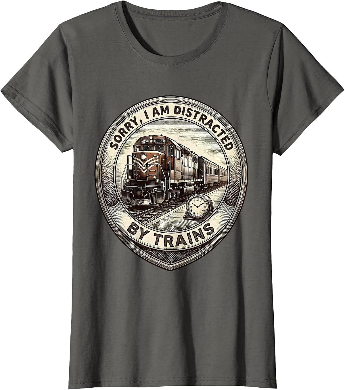 Women's Sorry, I Am Distracted By Trains Vintage Train Enthusiast T-Shirt - Asphalt Grey