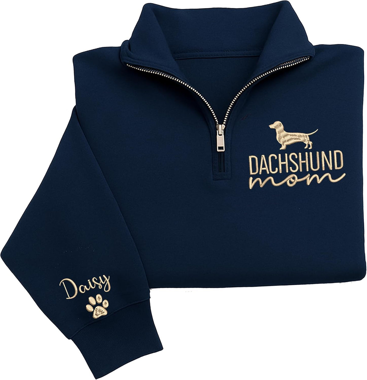 Chillever Personalized Custom Dog Mama Sweatshirt with Dogs Name on Sleeve, Fur Mom Mama Quarter Zip Sweatshirt - Dachshund 2