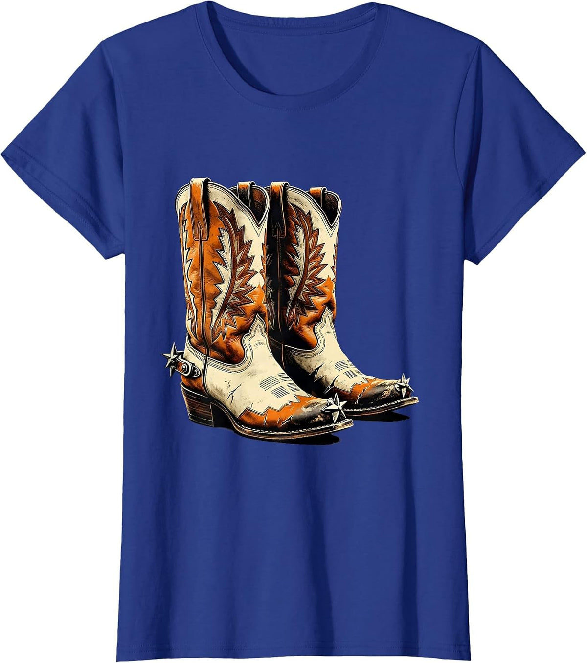 Women's Worn Cowboy Boots With Spurs Graphic T-Shirt - Royal Blue