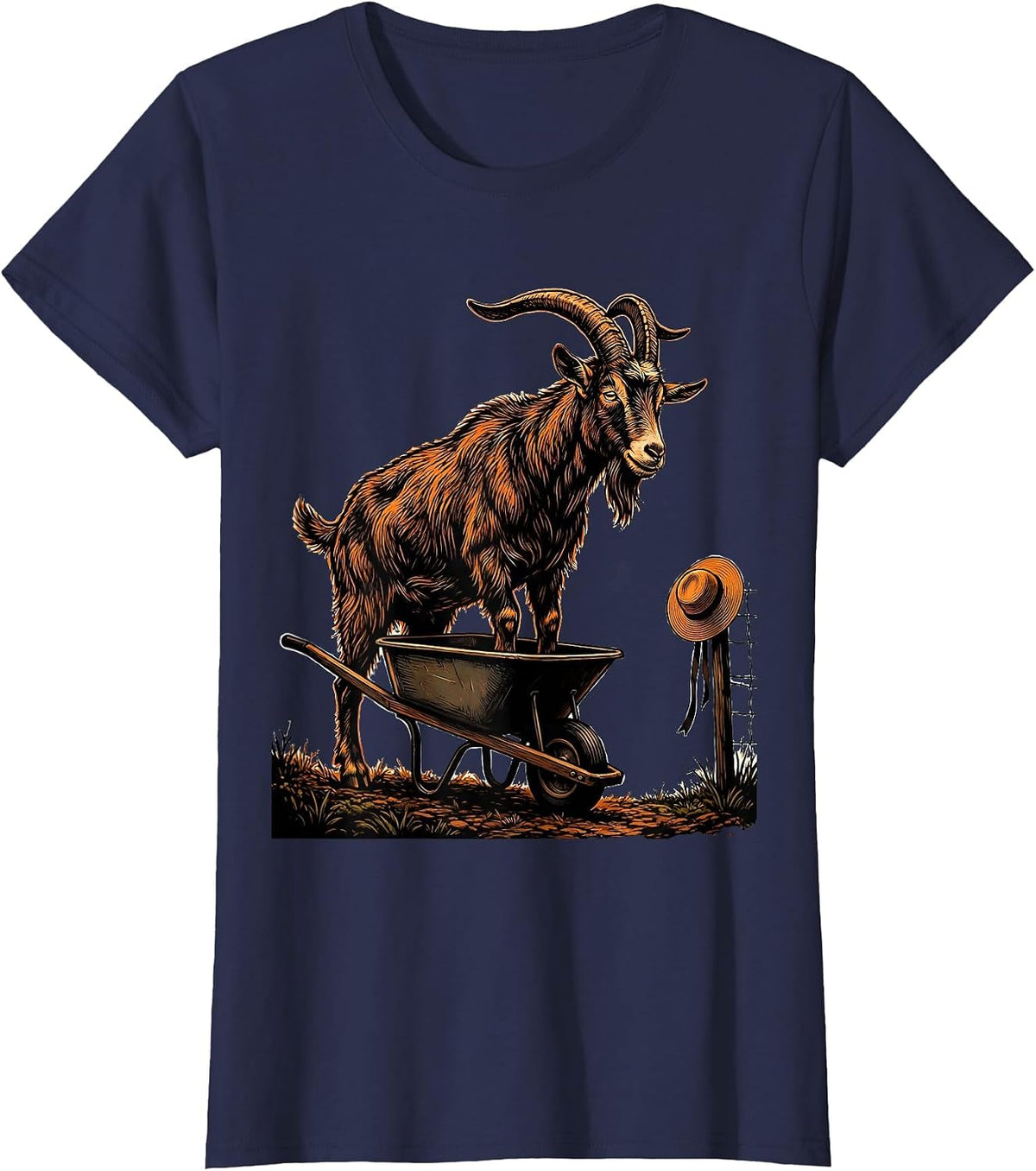 Women's Stencil Goat Wheelbarrow Funny Goat Lover Farmer Gift T-Shirt - Navy Blue