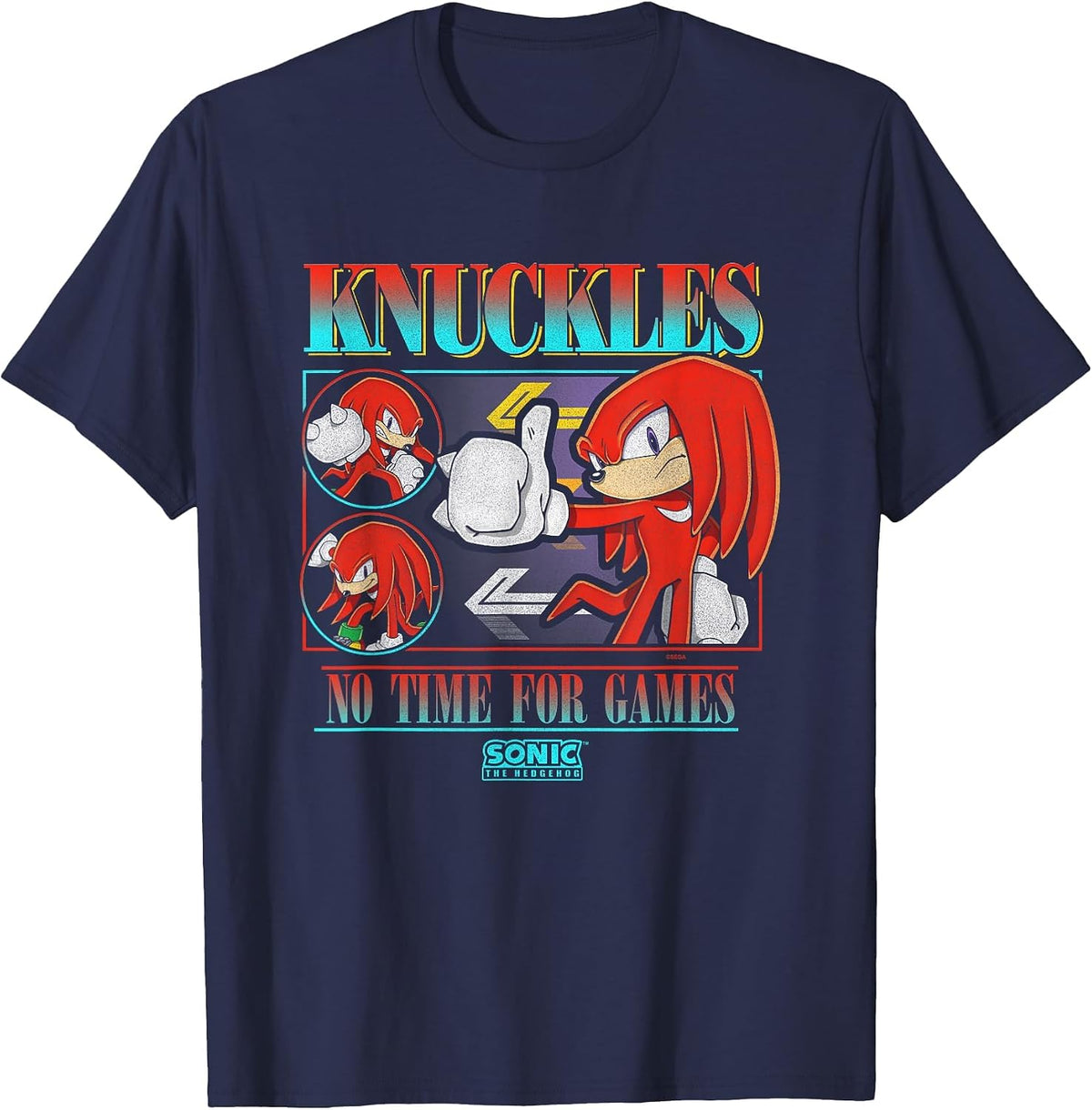 Sonic The Hedgehog Knuckles No Time for Games Vintage T-Shirt - Navy Blue
