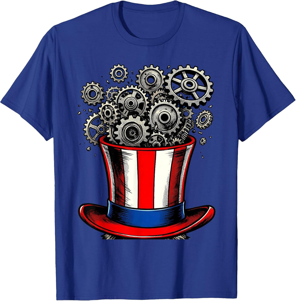 Uncle Sam Hat Overflowing Gears Patriotic Design T-Shirt - Royal Blue