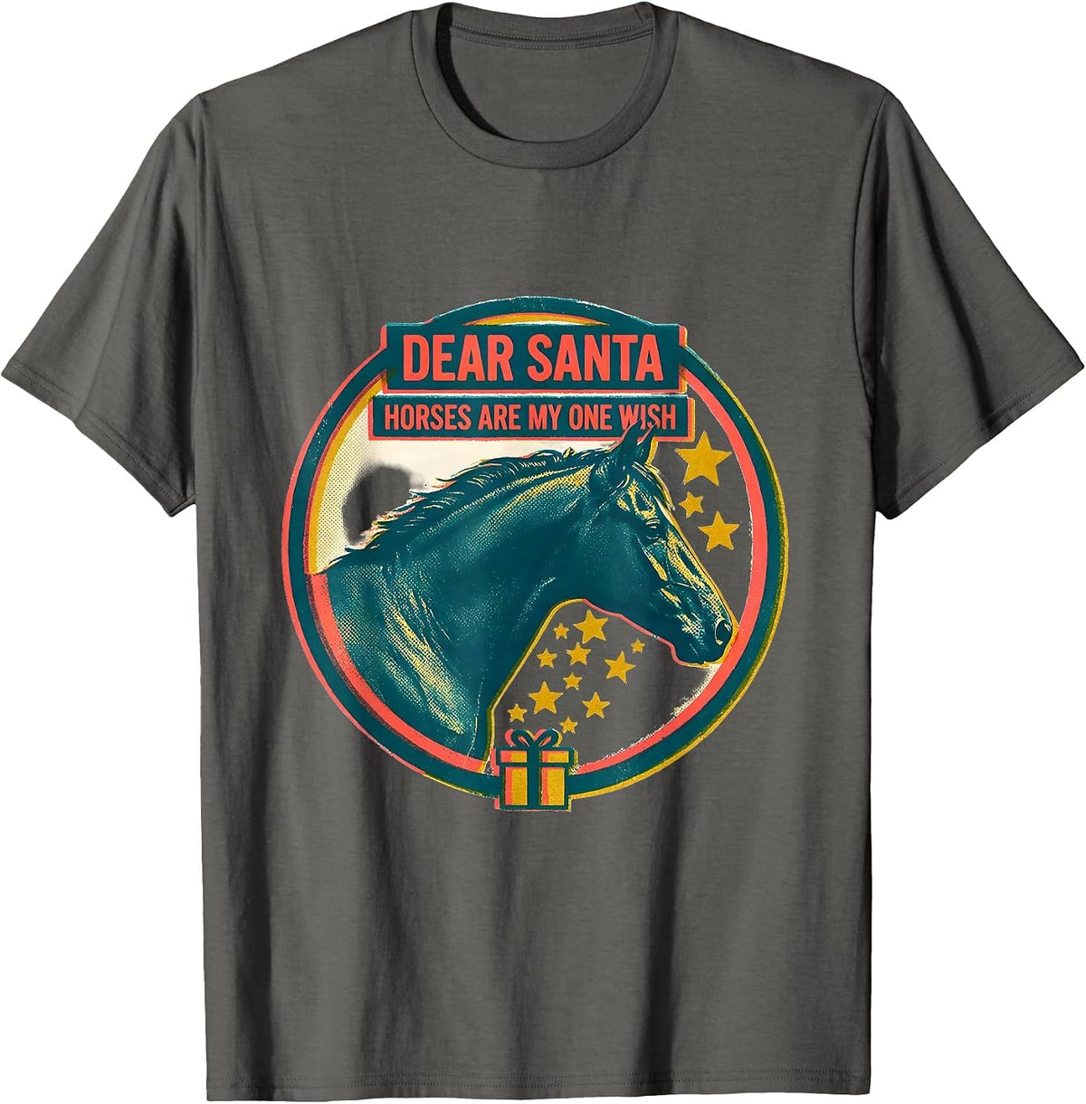 Dear Santa Horses Are My One Wish Risograph Horse Lover T-Shirt - Asphalt Grey