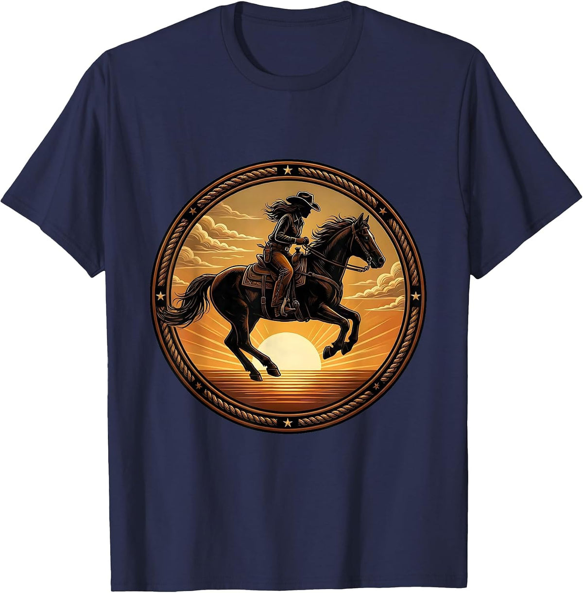 Men's Cowgirl Silhouette Riding Horse at Sunset T-Shirt - Navy Blue