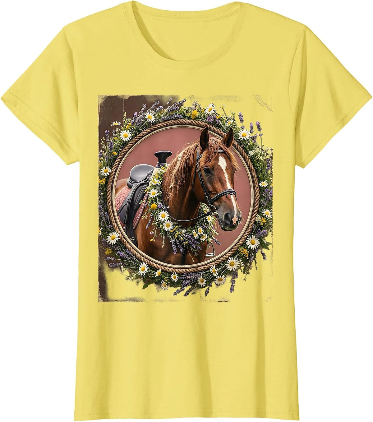 Floral Cowgirl Horse Wildflower Garland Design T-Shirt - Lemon Yellow