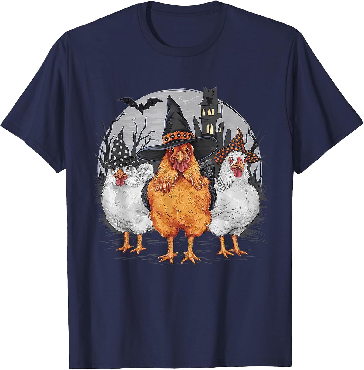 Funny Halloween Chickens Witch Spooky Season T-Shirt - Navy Blue