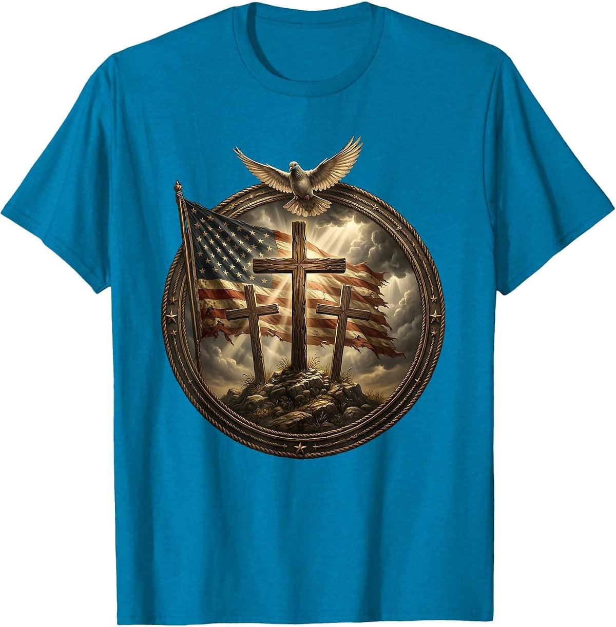 Three Crosses on Hilltop Under Stormy Sky T-Shirt - Sapphire Blue