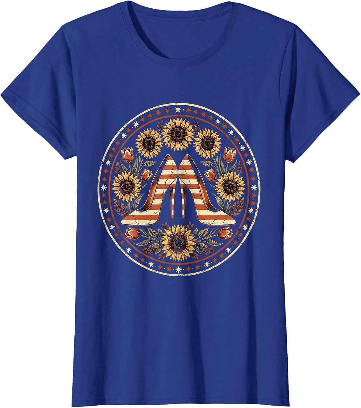Women's Patriotic High Heels Flag Stripes Graphic T-Shirt - Royal Blue