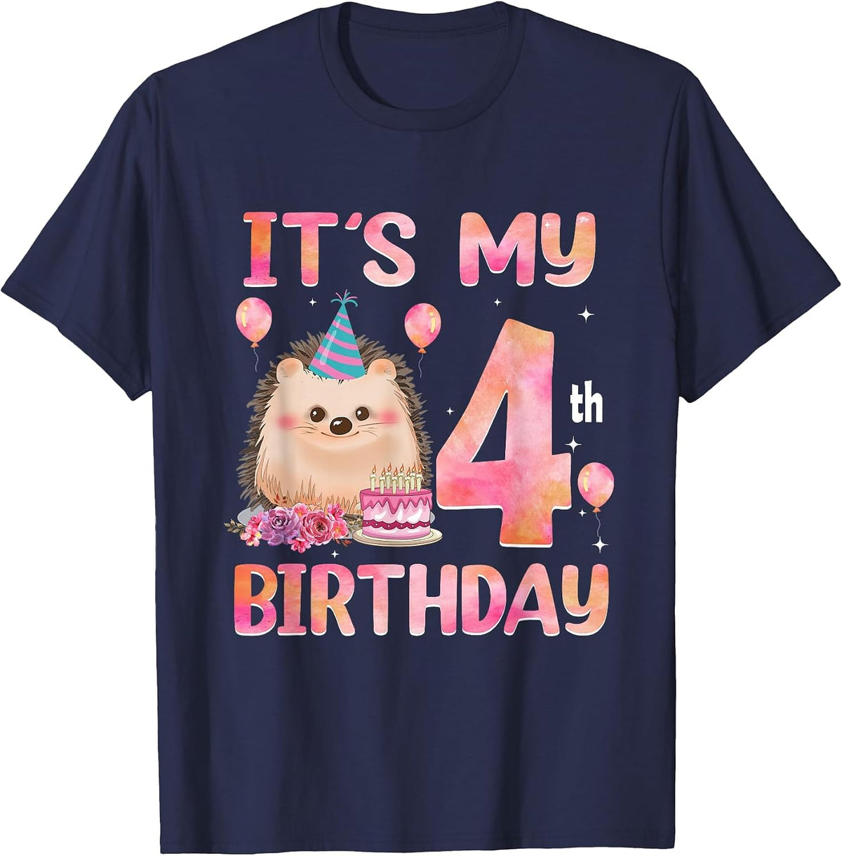 It’s My 4th Birthday Hedgehog Animal 4 Years Old Boy Girl T-Shirt - Navy Blue