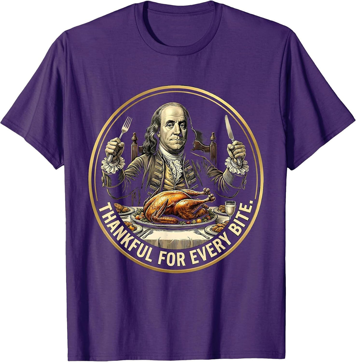 Thankful for Every Bite Kids Thanksgiving Design T-Shirt - Purple