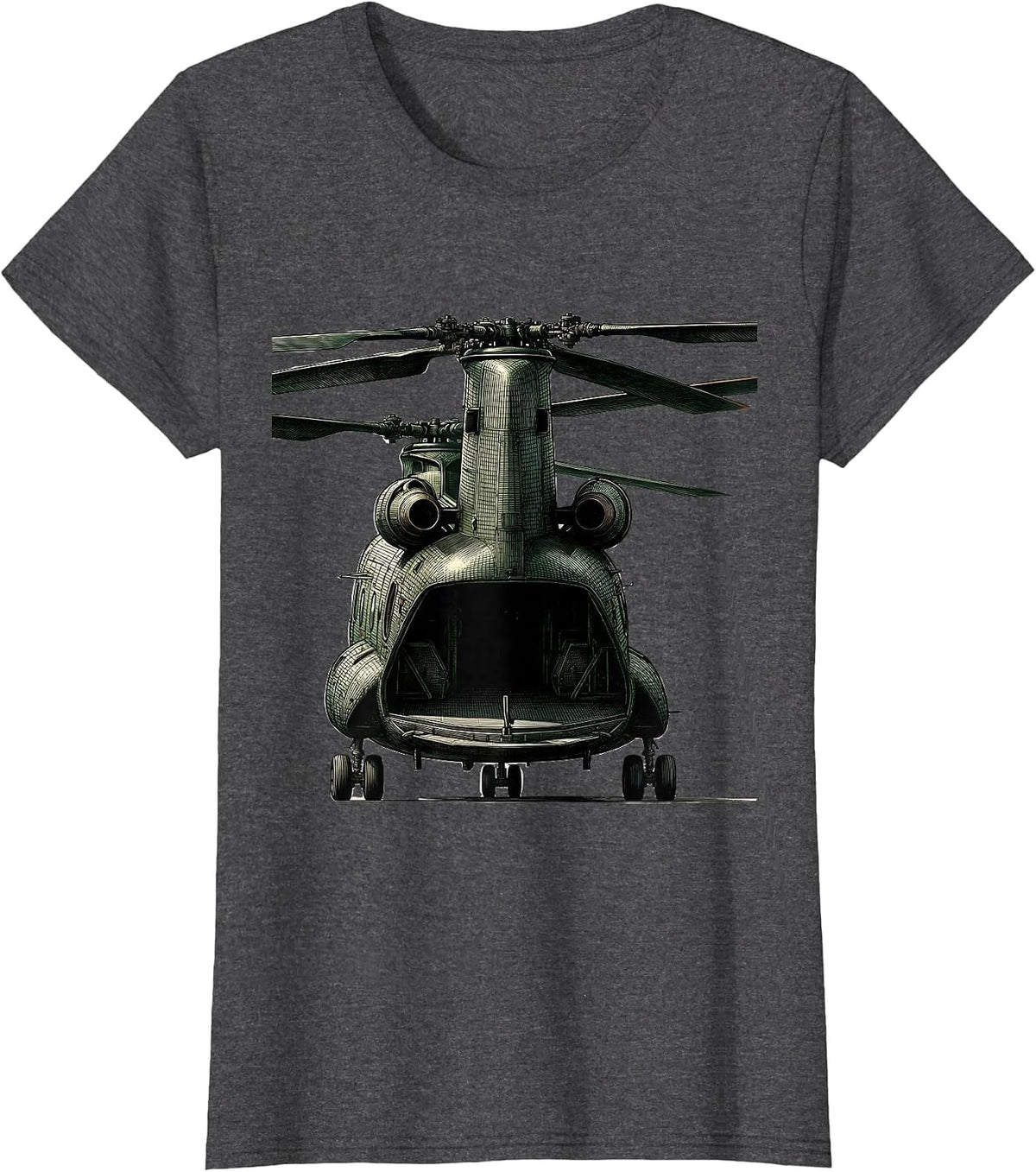 Women's CH-46 Sea Knight Crosshatch Etching Military Helicopter T-Shirt - Dark Heather Grey