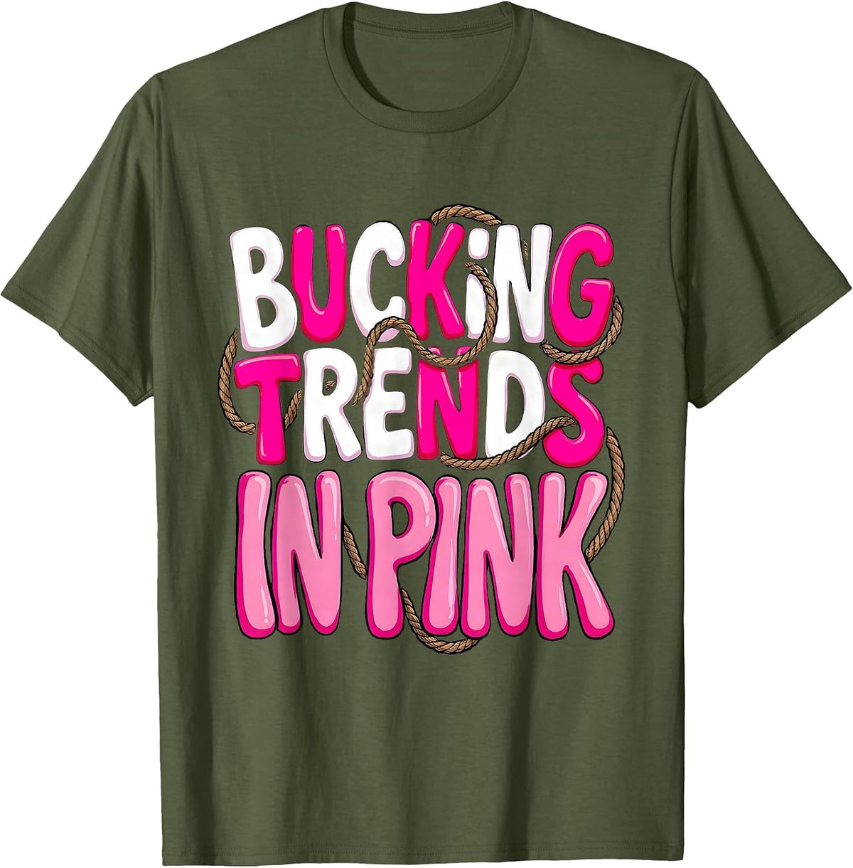 Pink Cowgirl Bucking Trends Western Design T-Shirt - Olive Green