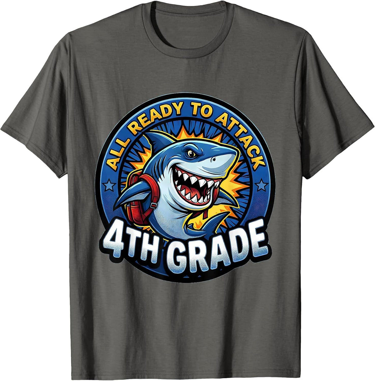 Men's All Ready To Attack 4th Grade Comic Book Shark Boys First T-Shirt - Asphalt Grey