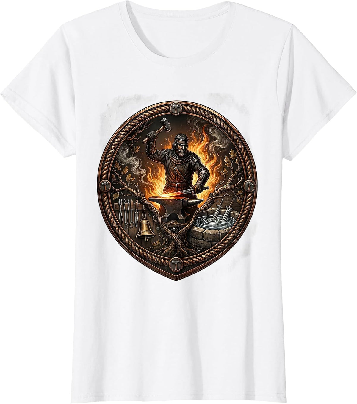 Women's Medieval Blacksmith Forging Sword at the Forge T-Shirt - White