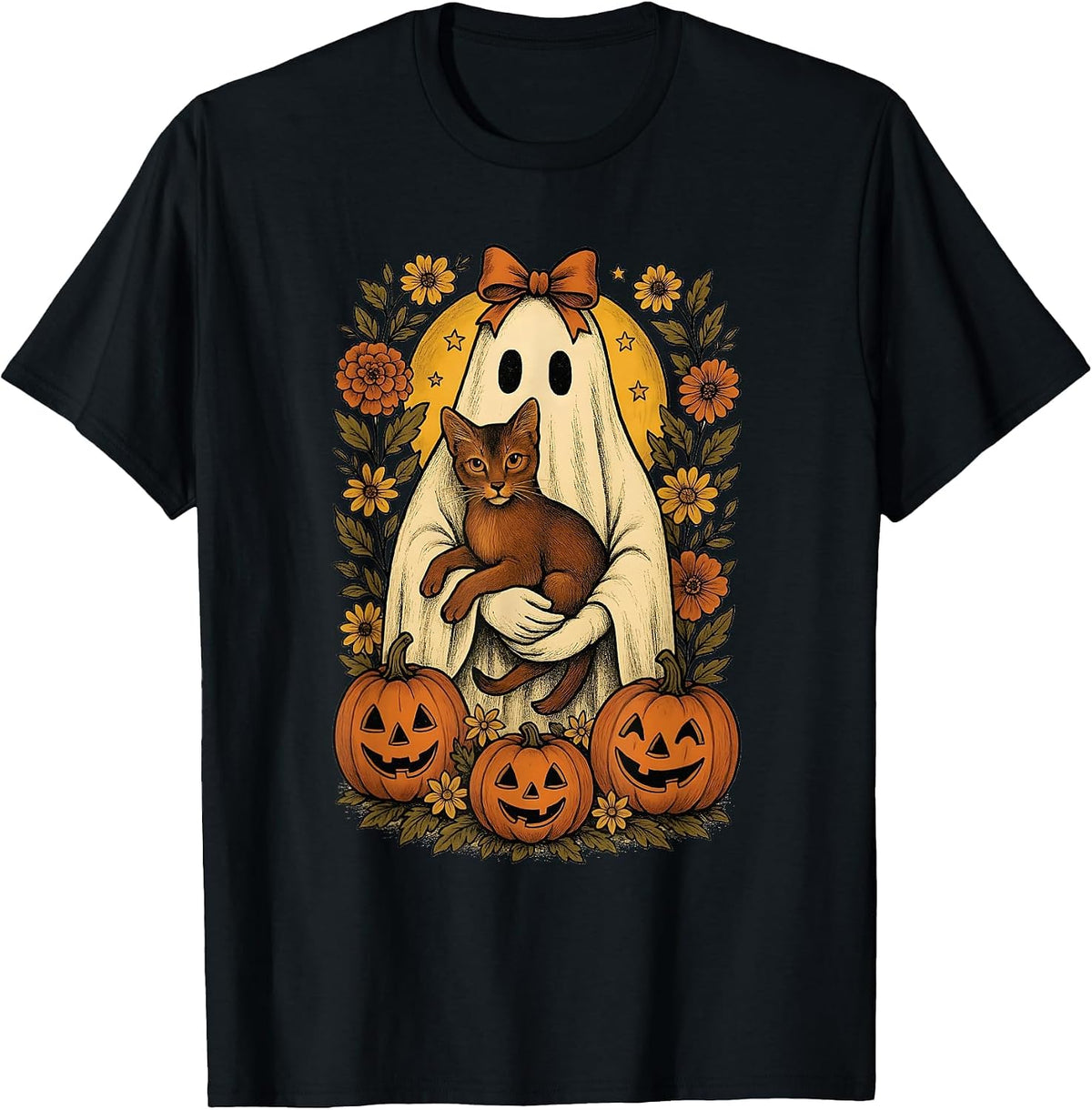 Vintage Ghost Holding Abyssinian Cat with Pumpkins Halloween T-Shirt - Black
