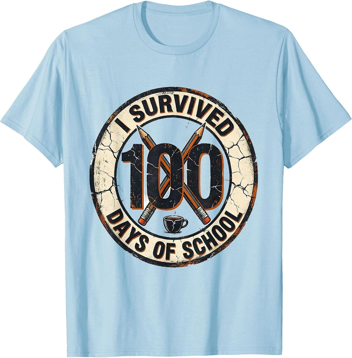 Men's I Survived 100 Days Of School Distressed Teacher Humor T-Shirt - Baby Blue