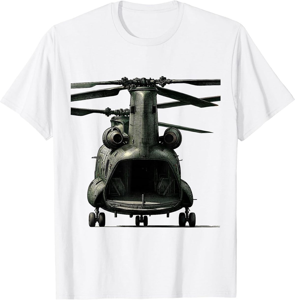 Men's CH-46 Sea Knight Crosshatch Etching Military Helicopter T-Shirt - White