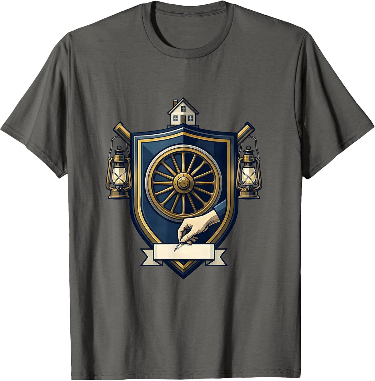 Men's Locomotive Wheel Crest Emblem Train Hobbyist Humor T-Shirt - Asphalt Grey