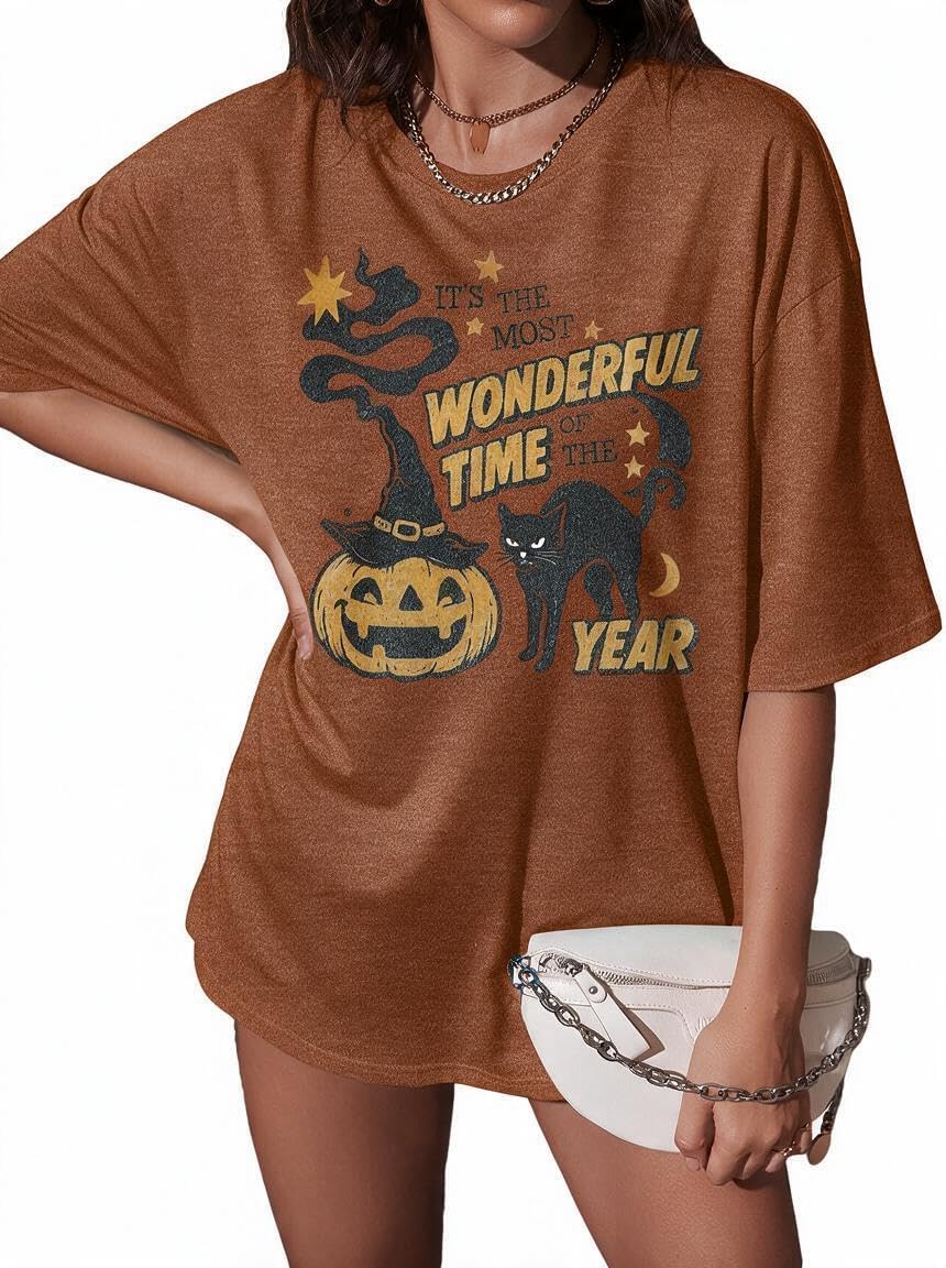 Oversized Halloween Shirts for Women Spooky Season Ghost Graphic T-Shirt - Brown01