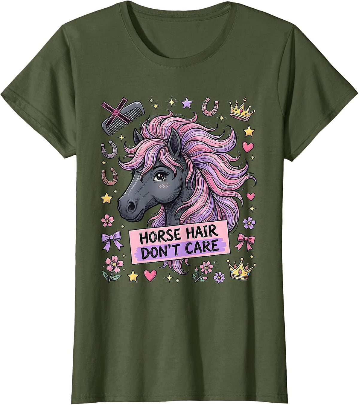 Women's Horse Hair Don't Care Funny Horse Lover Design T-Shirt - Olive Green