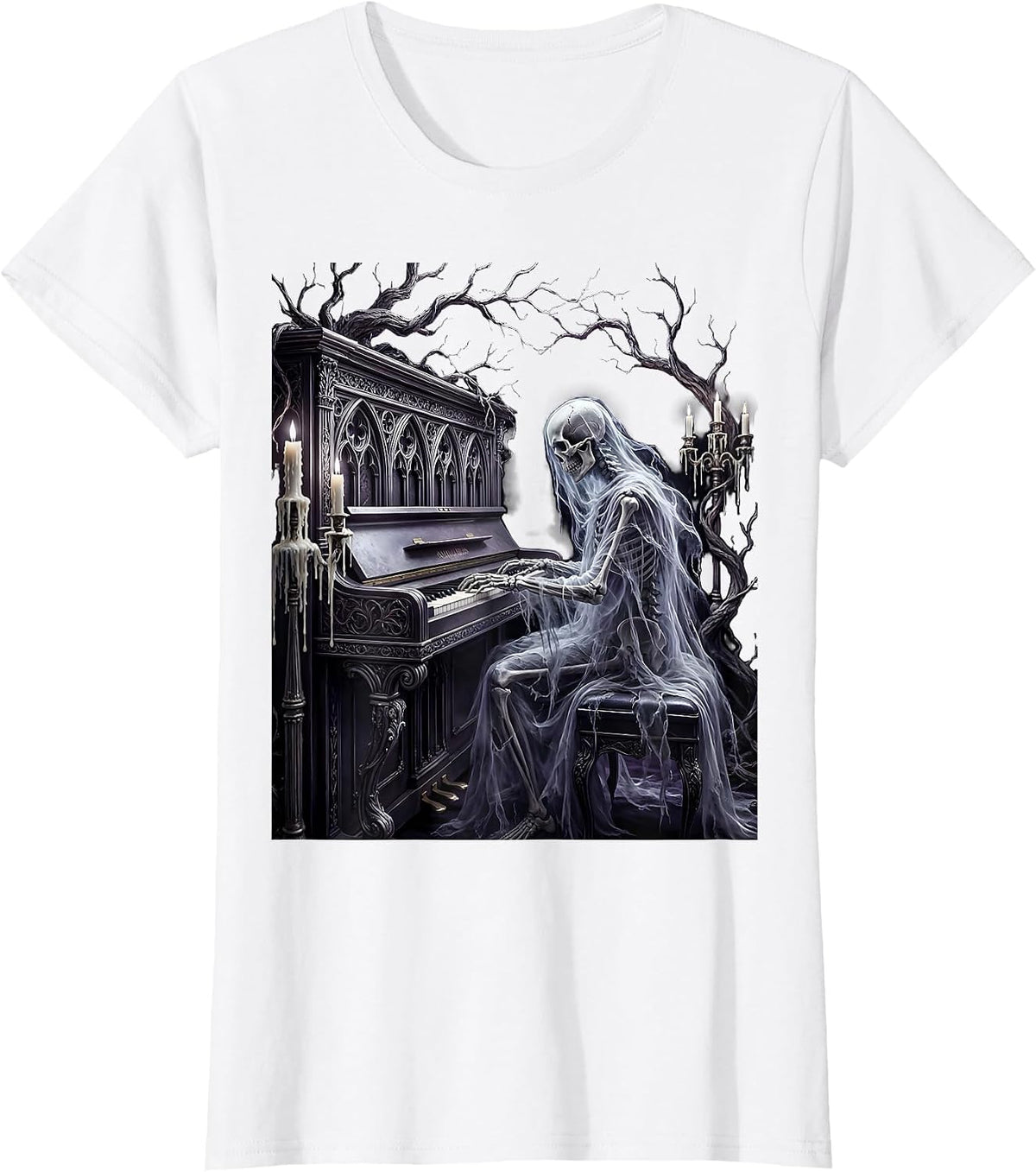 Ghost Playing Vintage Upright Piano Illustration T-Shirt - White