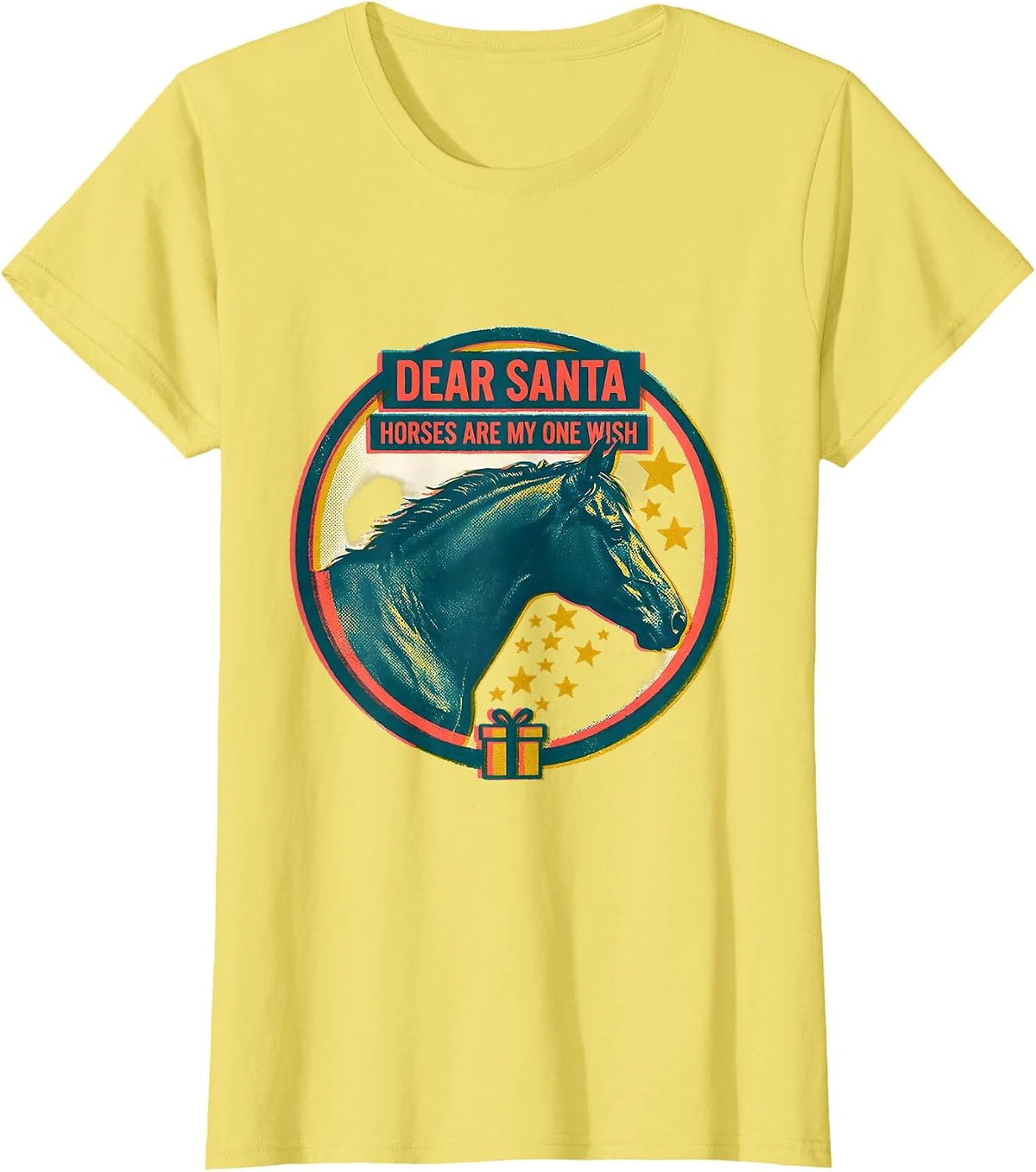 Dear Santa Horses Are My One Wish Risograph Horse Lover T-Shirt - Lemon Yellow