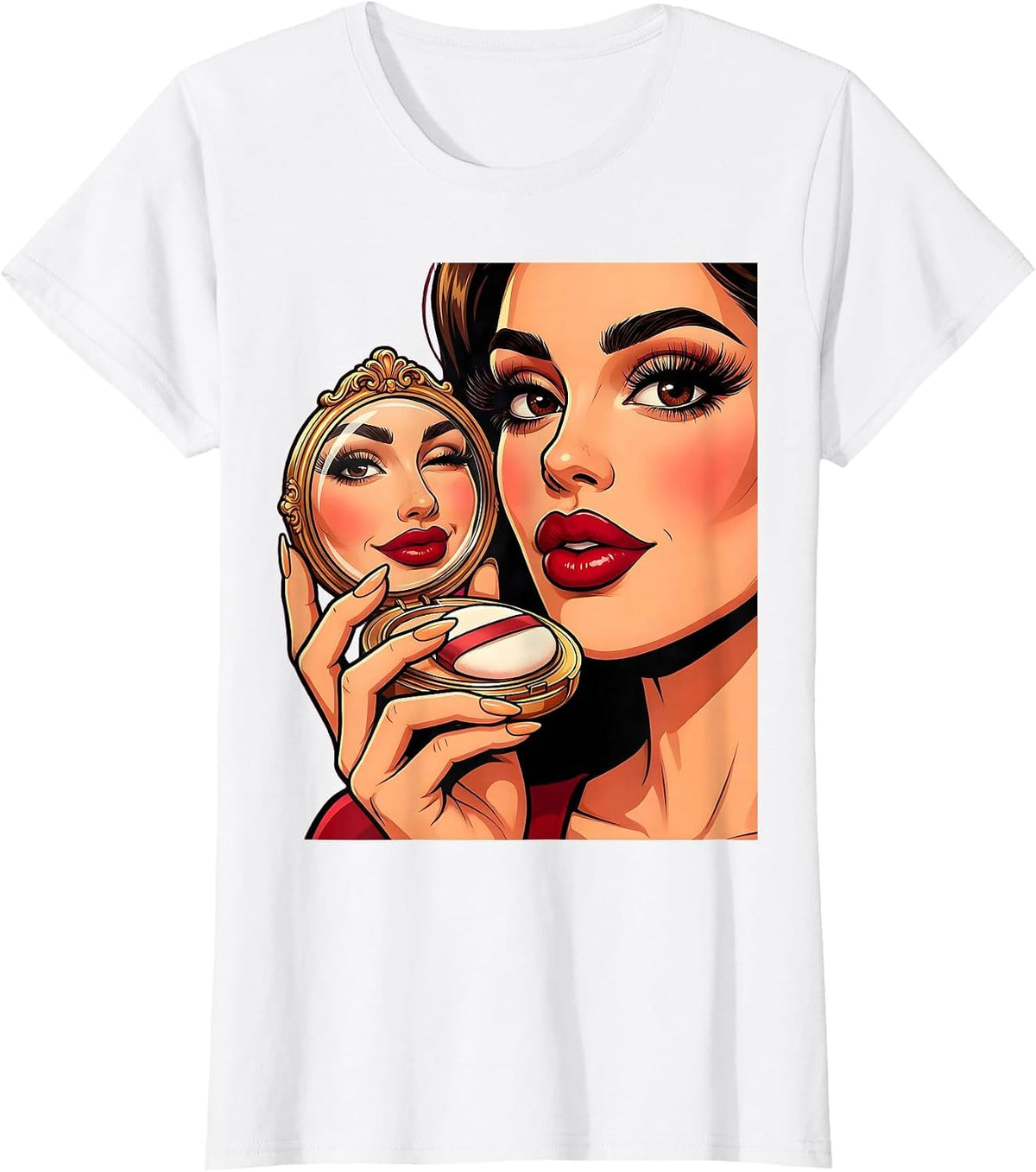 Gigi Bold Red Lips Compact Mirror Graphic T-Shirt - White