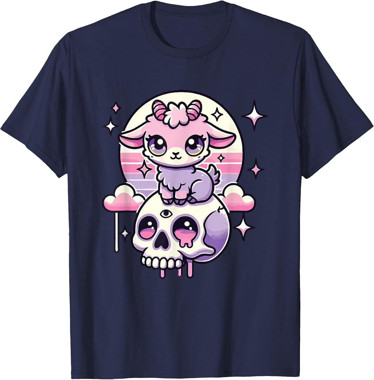 Kawaii Pastel Goth Cute Creepy Goat Bat Skeleton T-Shirt - Navy Blue
