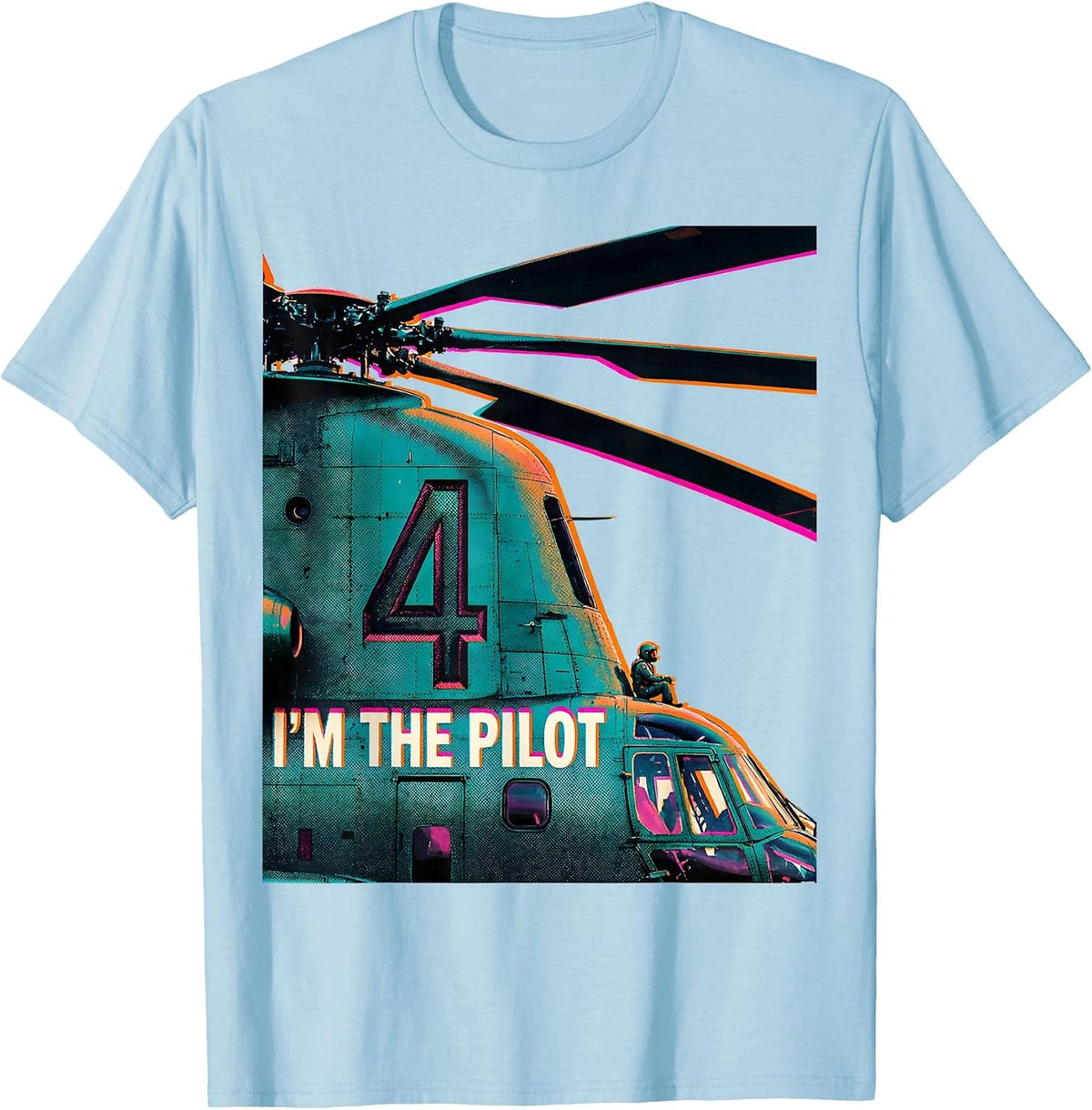 Men's I'm 4 I'm the Pilot Risograph Helicopter Birthday Boy T-Shirt - Baby Blue